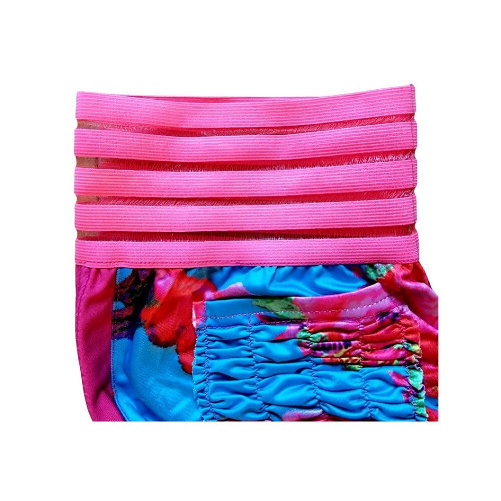 High-Waist Booty Floral Athletic Short Shorts in Fuchsia and Turquoise Festival - Picture 4 of 6